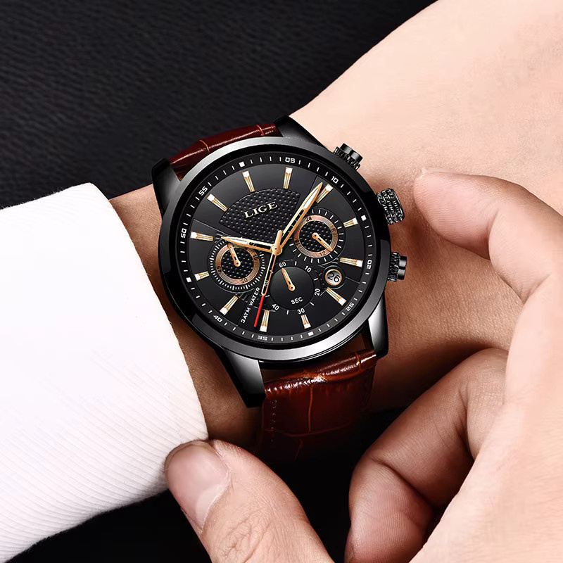 LIGE Chronograph, Quarz, Leder, Schwarz, Herren - Bild 6