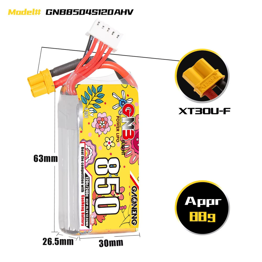GAONENG LiHV 4S LiPo-Akku 15,2 V 850 mAh 120 C mit XT30 Anschluss für 2,5 bis 4 Zoll FPV Drohnen Racing Freestyle Cinewhoop - Bild 2