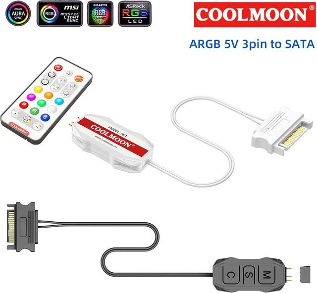 YSRSAI 2-in-1 ARGB Controller mit Fernbedienung und praktischer Taste, DC5V 3Pin Sata Mini, RGBIC Beleuchtungssteuerung für PC Gehäuse, Schwarz - Bild 1