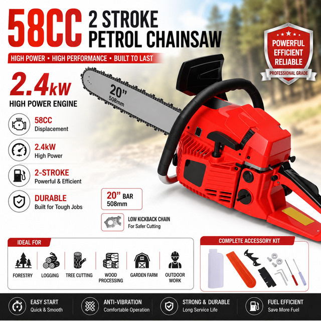 TKKEACE 58CC 2-Takt-Benzin-Kettensäge mit 2,4kW Hochleistung und 20 Zoll Schwert in Rot - Bild 1
