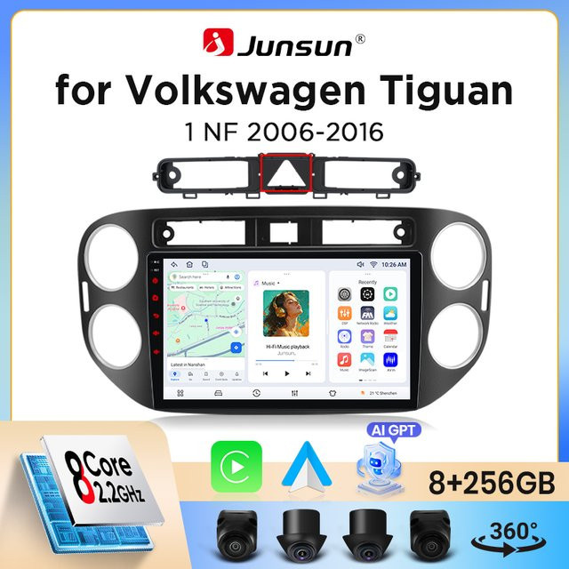 Junsun Wireless CarPlay und Android Auto Autoradio für Volkswagen Tiguan Mk1 5N 2007-2016 in Schwarz mit GPS Navigation, WiFi, Bluetooth und DSP - Bild 1