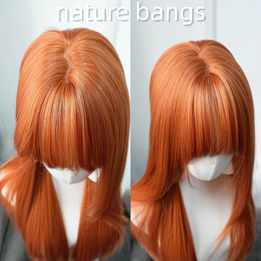Dunkelorange Perücke mit Pony, 32 Zoll, glatt, hitzebeständig, synthetisch - Bild 3