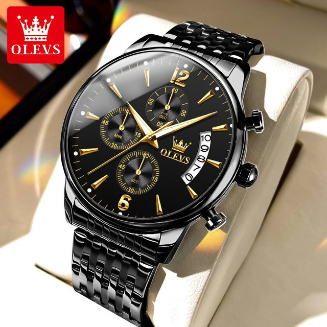 OLEVS Chronograph, Edelstahl, Quarz, Schwarz, Herren - Bild 1