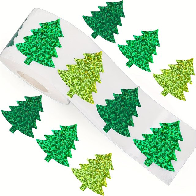 500 Stück glitzernde Weihnachtsbaum-Aufkleberrolle in Grün, selbstklebende glänzende PVC-Feiertagsetiketten für Geschenkverpackungen, Scrapbooking und Karten - Bild 1