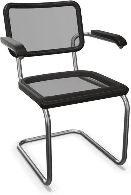 Thonet S 64 N Freischwinger mit Armlehnen in Schwarz und Kunststoff-Netzgewebe auf verchromtem Rundrohr - Bild 1