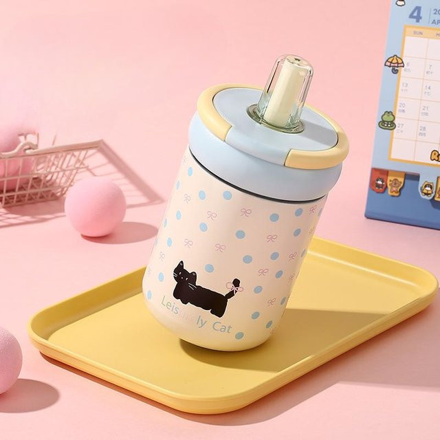Yiran Furniture Thermos Tasse mit Kätzchen-Design aus Edelstahl, Tragbare Trinkflasche mit Strohhalm, Multicolor, 500 ml - Bild 1
