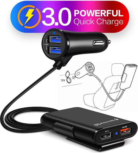 STONEGO 4-Port-USB-Autoladegerät-Adapter in Schwarz mit Schnellladung 3.0 und USB-A Anschlüssen für Vordersitz und Rücksitz - Bild 1