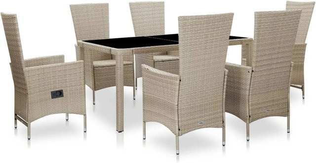 vidaXL 7-tlg Garten-Essgruppe aus Poly Rattan in Beige mit Glasplatte und Auflagen - Bild 1