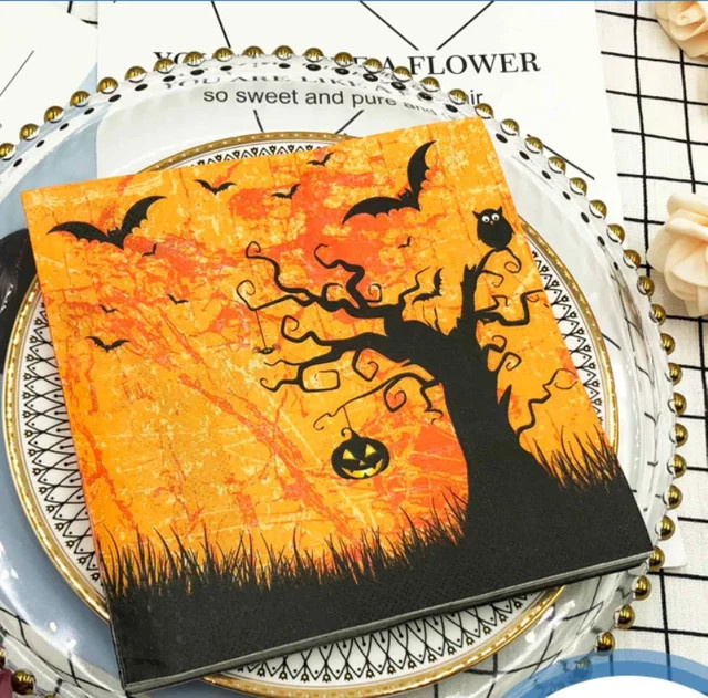GUANYAO Halloween Party Servietten aus Papier, 2-lagig, Schwarz und Orange, 20 Stück, Durchmesser: 33 cm - Bild 1