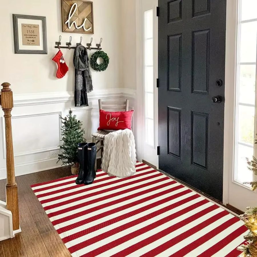 VIKAMA Weihnachts-Außenteppich mit roten und weißen Streifen, rechteckige Willkommens-Fußmatte für die Veranda, B/B/H: 60,0 x 40,0 cm - Bild 4