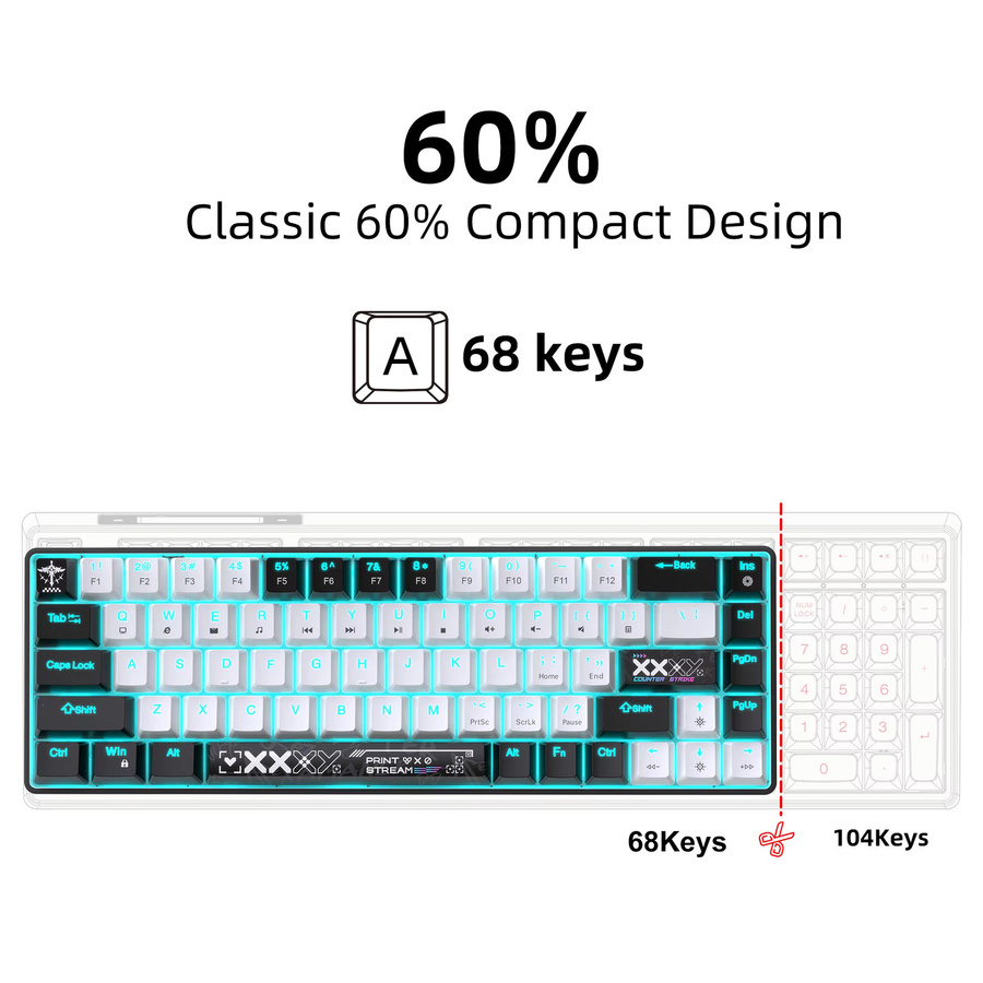 HXSJ Mechanische Gaming-Tastatur mit blauen Schaltern, 68 Tasten, Weiß - Bild 2
