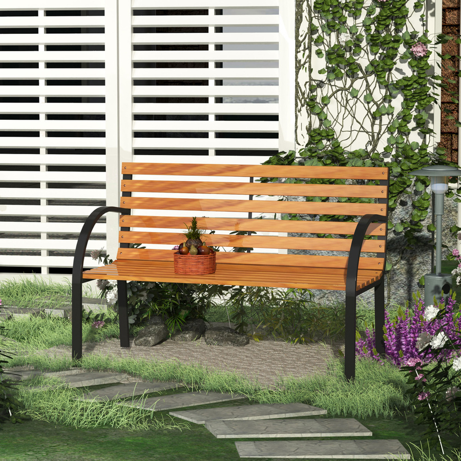 Outsunny Gartenbank 2-Sitzer aus Stahl und Kiefernholz in Braun, B: 122 cm, T: 60 cm, H: 83 cm - Bild 2