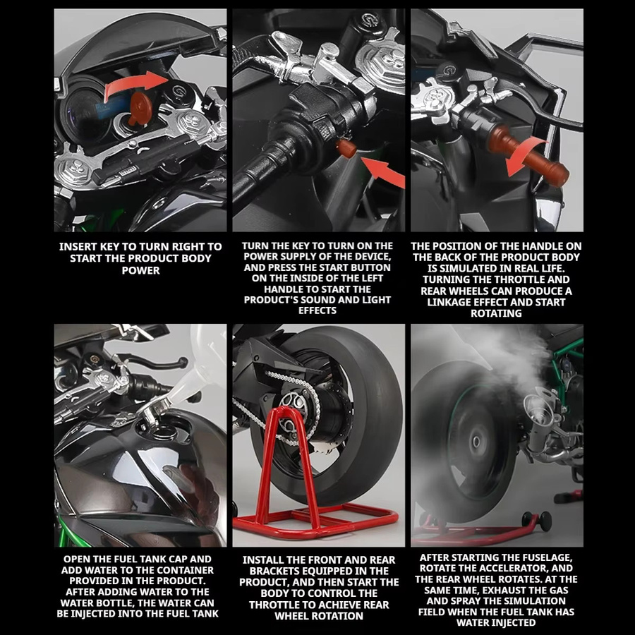MAKEDA Kawasaki H2R Motorradmodell, 1:6, Metall, mit Licht und Ton - Bild 2