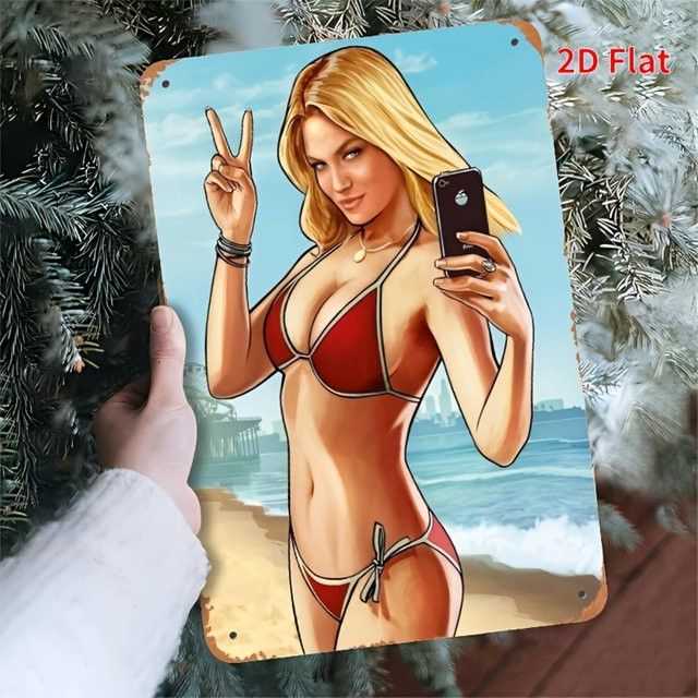 Vintage GTA Beach Game Art Metallposter von CIFBUY mit Bikini-Charakter als Wanddekoration, Breite: 20,32 cm, Höhe: 30,48 cm - Bild 1