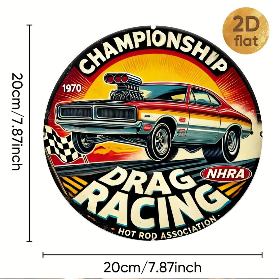 Vintage NHRA Drag Racing Wanddekoration von Potdemiel, runde Aluminiumplatte mit Hot-Rod-Design und kariertem Muster, Durchmesser: 19,99 cm - Bild 2