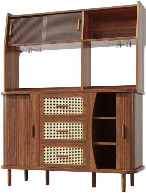 okwish Buffetschrank mit Rattanoptik in Braun für die Küche, B/T/H: 140 x 40,5 x 174,5 cm - Bild 1