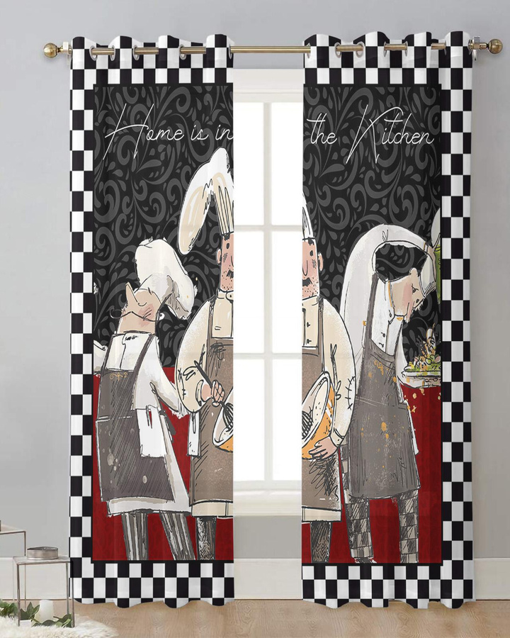 Retro Tüll Voile Vorhang in Schwarz Weiß Kariert für Küche und Wohnzimmer, transparent, Breite: 135 cm, Höhe: 115 cm - Bild 4