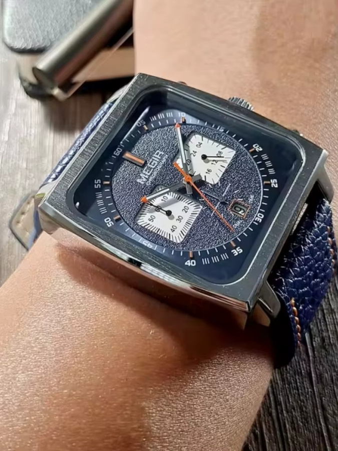 MEGIR Armbanduhr, Quarz, blau, schwarzes eckiges Zifferblatt, Lederband, Herren - Bild 6