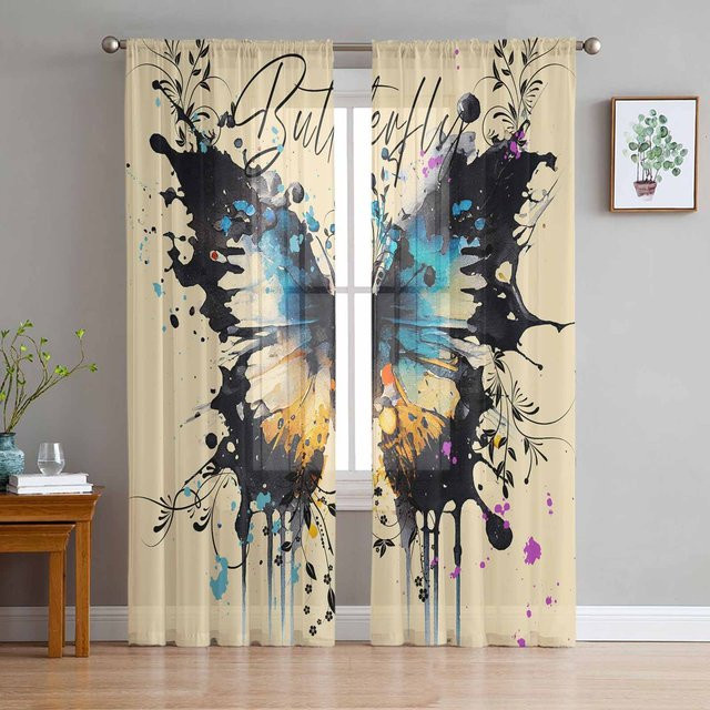 Super Six Aquarell Graffiti Schmetterling Tüllvorhang Transparent Schwarz B: 135 cm, H: 114 cm - Bild 1