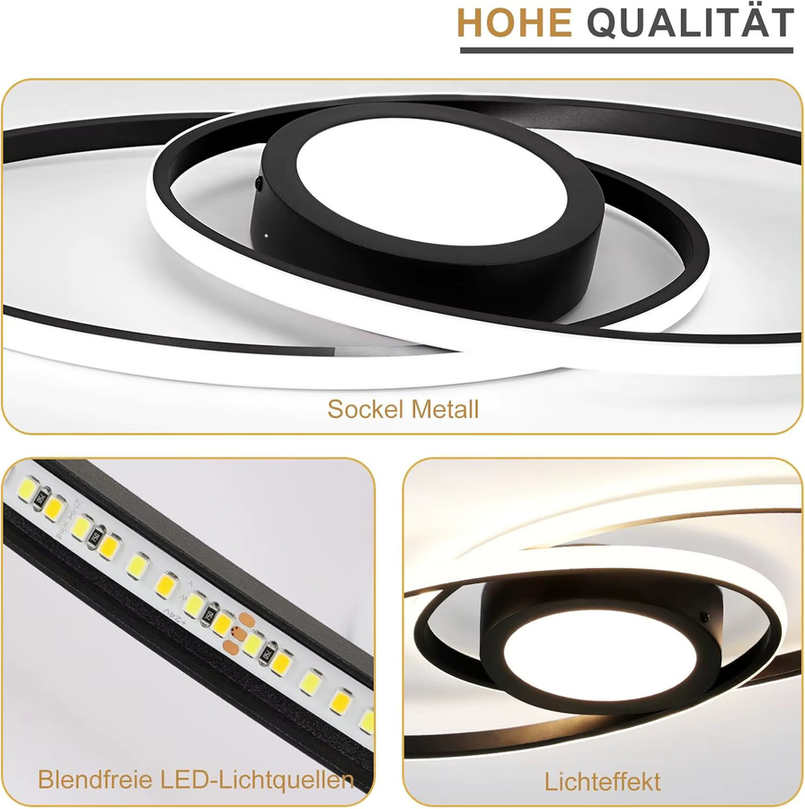 Moderne LED Deckenlampe von Nettlife in Schwarz, rund, dimmbar mit Fernbedienung und CCT-Farbtemperatursteuerung, 48W - Bild 2