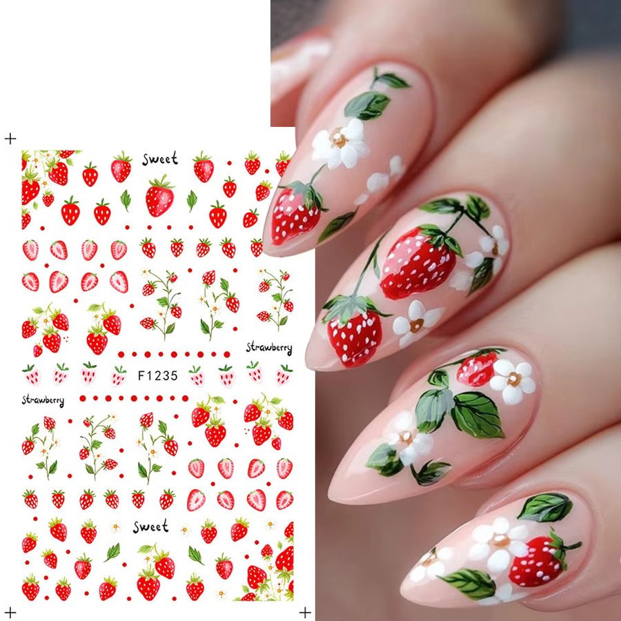 3 Stück 3D Sommerfrucht-Nagelkunst-Aufkleber, Zitronen, Erdbeeren, Blaubeeren, Glänzend, Unisex - Bild 2