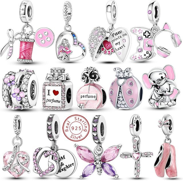 Rosa Charms Anhänger 925 Silber, Herz, Schleife, Parfüm Flasche, Perle, Zirkonia, Damen - Bild 1