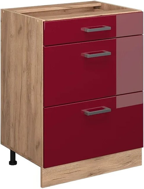 Vicco Küchenunterschrank R-Line Bordeaux Hochglanz Eiche mit Schubladen Breite: 60 cm - Bild 1