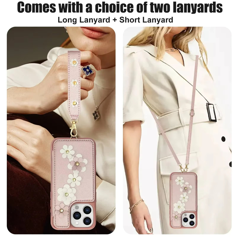 Apple Handyhülle mit Geldbörse und Kartenhalter im Blumen-Design für iPhone 16 15 14 Pro Max Plus als Umhängetasche mit magnetischem Ständer in Schwarz oder Pink - Bild 3