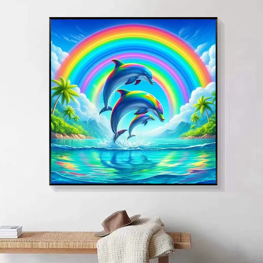 HUACAN Diamant-Malerei Delfine unter Regenbogen 5D-Diamant-Stickerei-Set mit 3D-Vollbohrern und Mosaikbild in Multicolour, Breite: 20 cm, Höhe: 20 cm - Bild 4