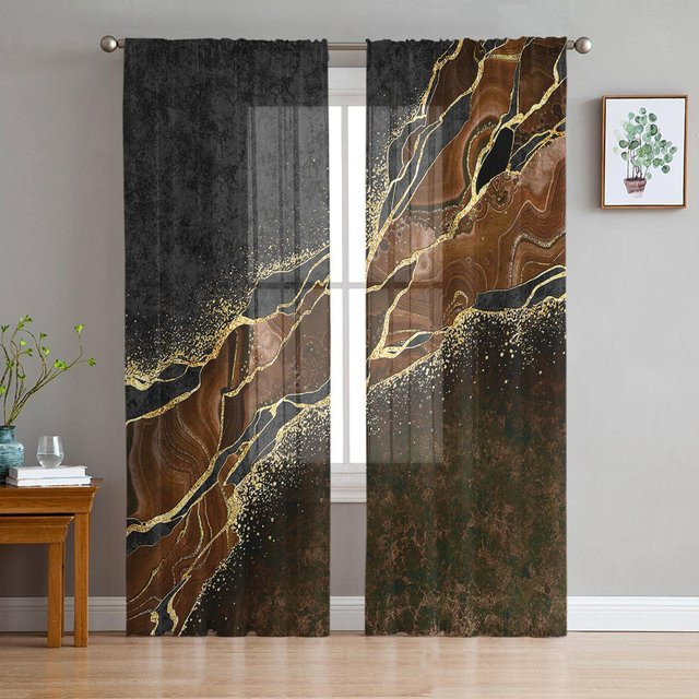 Transparente Tüll-Voile-Vorhänge mit abstraktem Marmor-Design in Schwarz, Braun und Grau von Household supplies MH, Breite: 135 cm, Höhe: 115 cm - Bild 1