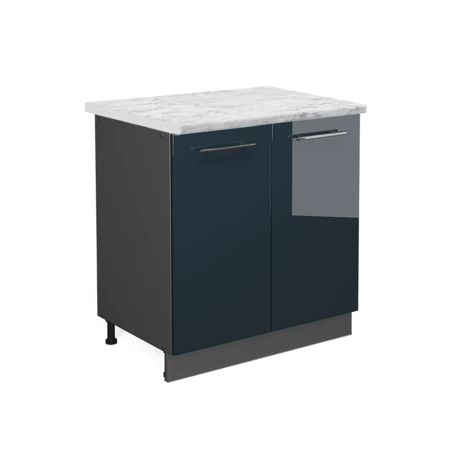 Vicco Spülenunterschrank Fame-Line in Dunkelblau Hochglanz mit Arbeitsplatte in Weiß-Marmor, Breite: 80 cm - Bild 2