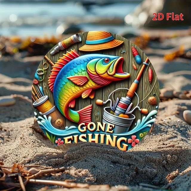 Potdemiel Rundes Metallschild Gone Fishing mit buntem Fisch- und Angelausrüstung Design, Durchmesser: 20 cm, Mehrfarbig - Bild 1