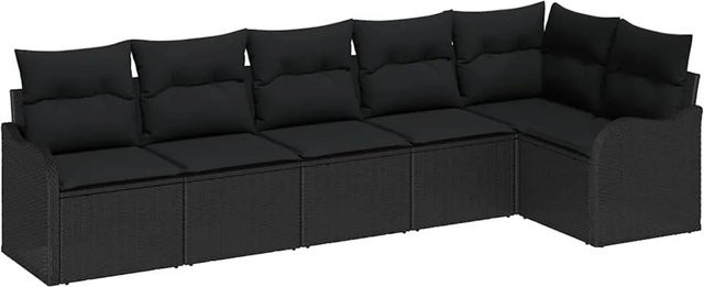 vidaXL Garten-Sofa-Set aus Poly Rattan in Schwarz mit Kissen, 6-teiliges L-Shape Lounge-Set mit Stahlgestell - Bild 1