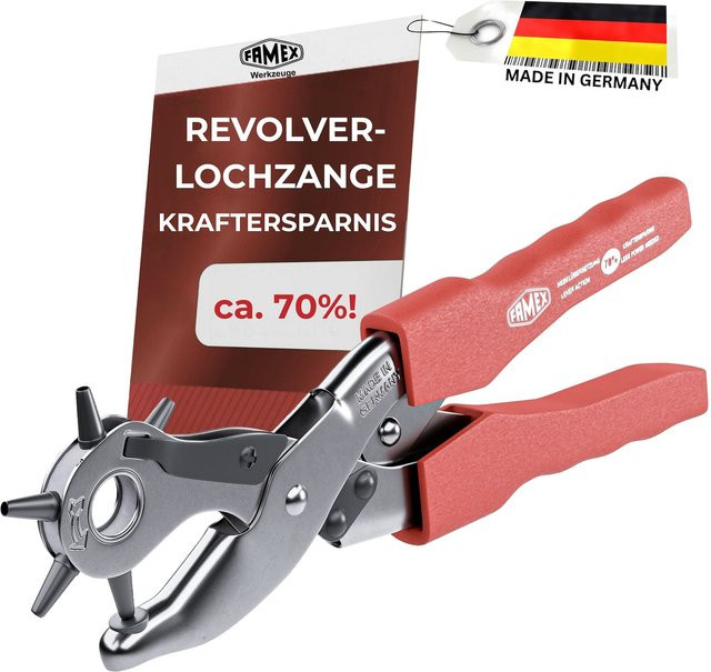 FAMEX 3519 Revolverlochzange für Leder mit Hebelübersetzung in Silber und Rot - Bild 1