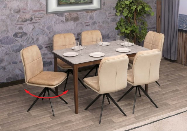 6er-Set MCW Esszimmerstühle M68 in Beige mit Stoffbezug und drehbarer Funktion - Bild 1