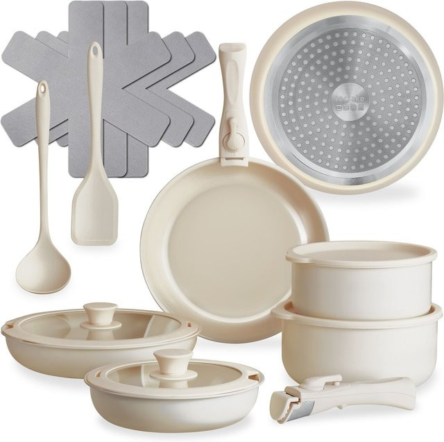 tectake Kochtopfset Genua 16-teilig aus Aluminium mit Keramik-Antiflatbeschichtung für Induktion, Farbe: Beige/Weiß, B/T/H: 44 x 27,5 x 13 cm - Bild 1