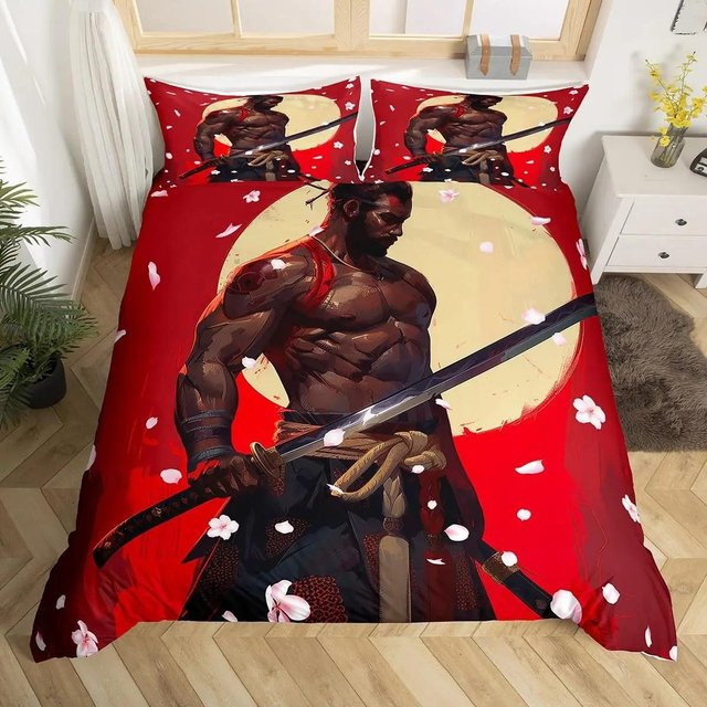 Japanisches Samurai Bettwäscheset mit Kirschblüten, Roter Sonne und Fuji Berg, Doppelgröße, Farbe Rot, B/H: 140 x 210 cm - Bild 1