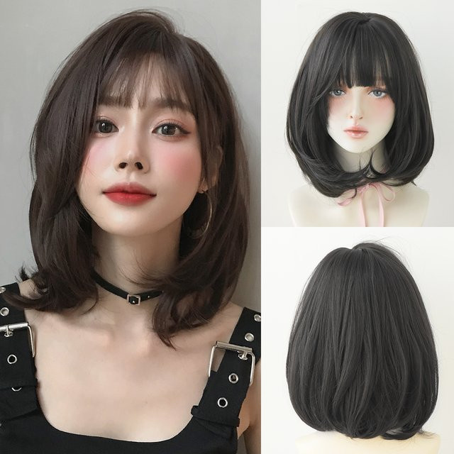 7JHH WIGS Perücke für Damen, kurz, gerade, dunkelbraun, mit Pony - Bild 1