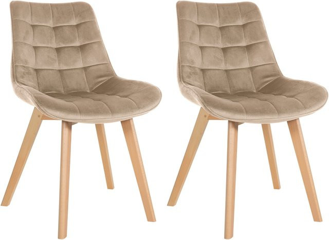 CLP 2er Set Esszimmerstühle Brook aus Samt in Beige mit Holzgestell und gesteppten Sitzflächen - Bild 1