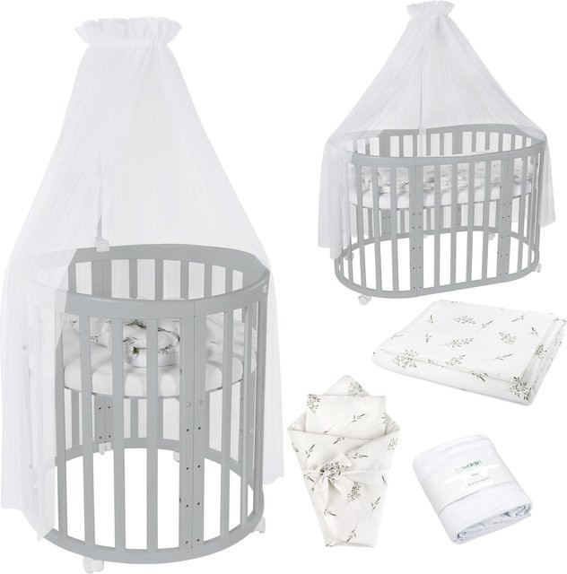 Waldin Babybett OWAL 7in1 Kinderbett aus Buchenholz mit Matratze, mitwachsendes Kinderbett, lackiert - Bild 1