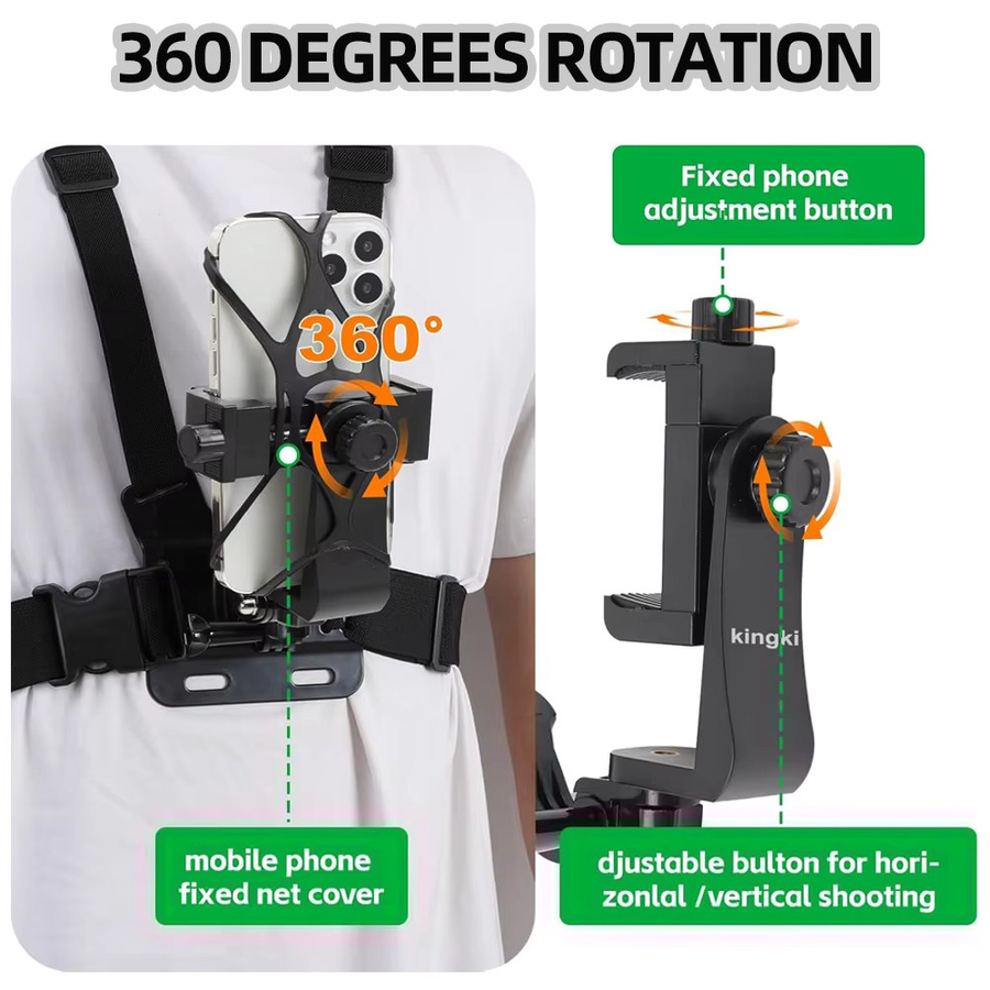 EXSKOF 6-in-1 Brustgurt Halterung mit Telefon Clip für iPhone, Samsung, Huawei und Action Kameras wie GoPro, SJCAM, AKASO, Insta360 oder Osmo Action in Schwarz - Bild 4