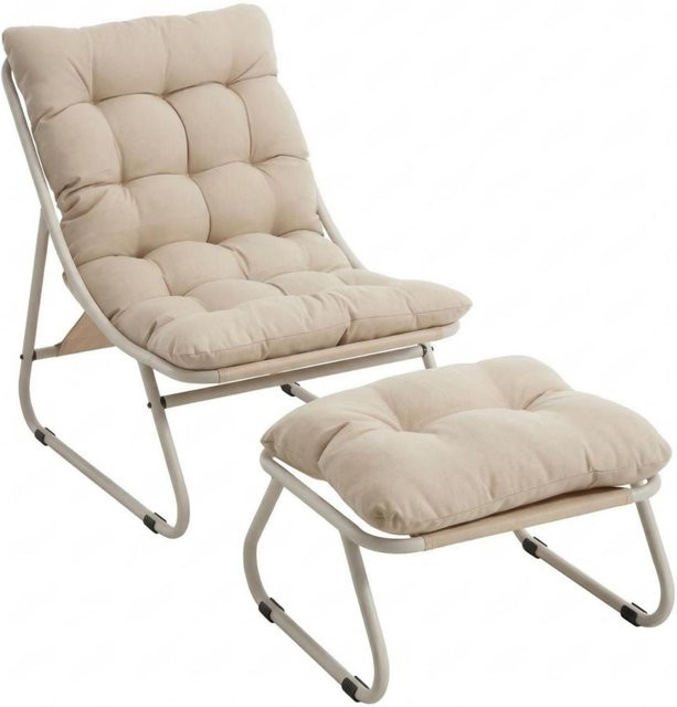 Outdoor-Lounge-Sessel mit Hocker und Polsterkissen in Beige mit Stahlrahmen und Sling-Gewebe - Bild 1