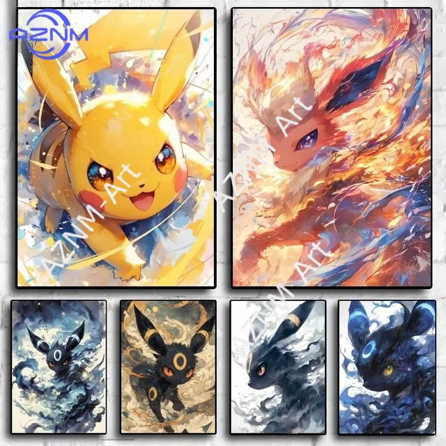 Potdemiel Leinwand-Poster Pokemon Pikachu und Eeveelution Anime-Charakter Wandbild Mehrfarbig - Bild 1