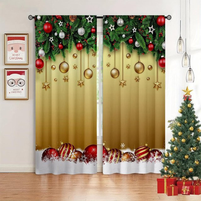 Weihnachtsvorhänge mit Weihnachtsglocken und Schneeflocken, 2er-Set, Grün-Gold-Rot, B: 50 cm, H: 130 cm - Bild 1