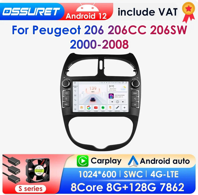 OSSURET Android 12 Autoradio mit Carplay und GPS für Peugeot 2000 206cc 206sw 2009-2013, 2din Multimedia-System in Schwarz - Bild 1