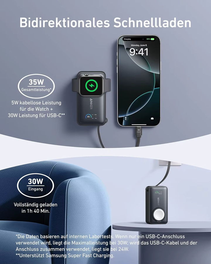 Anker MagGo Powerbank für Apple Watch, 10.000mAh kompaktes Akkupack mit integriertem USB-C-Kabel, 35W, Schwarz - Bild 4
