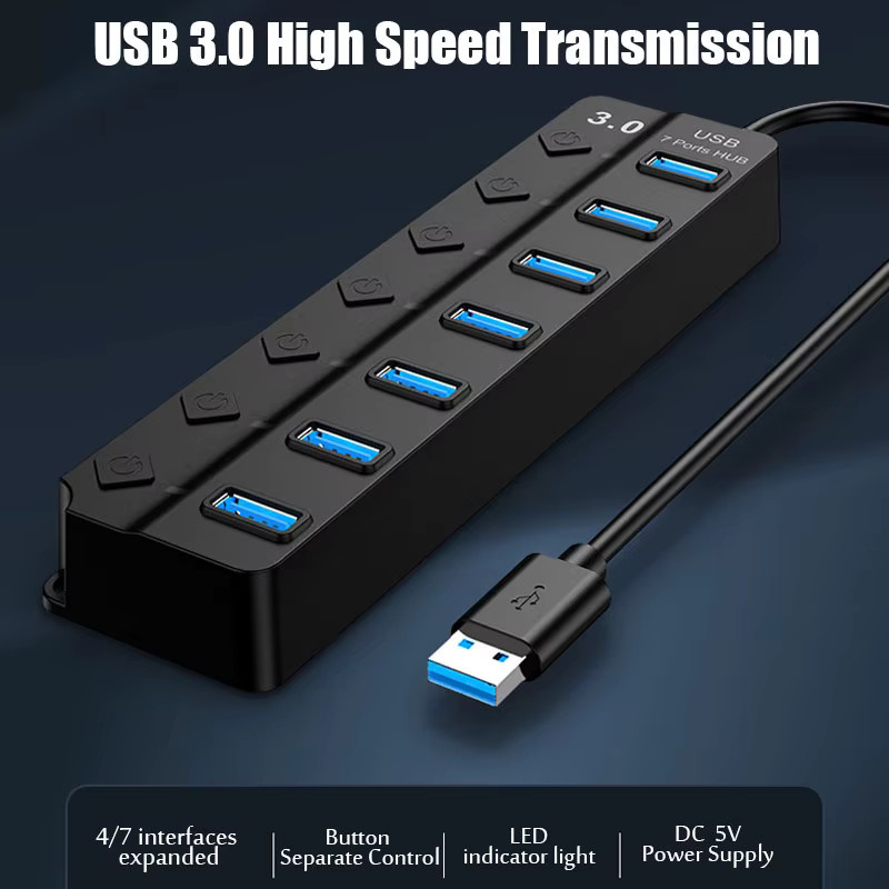 Mrgabwte 7 in 1 USB Hub mit USB 3.0 und USB 2.0 Anschlüssen, Tragbarer USB Splitter mit Ein/Aus Schalter, Schwarz - Bild 2