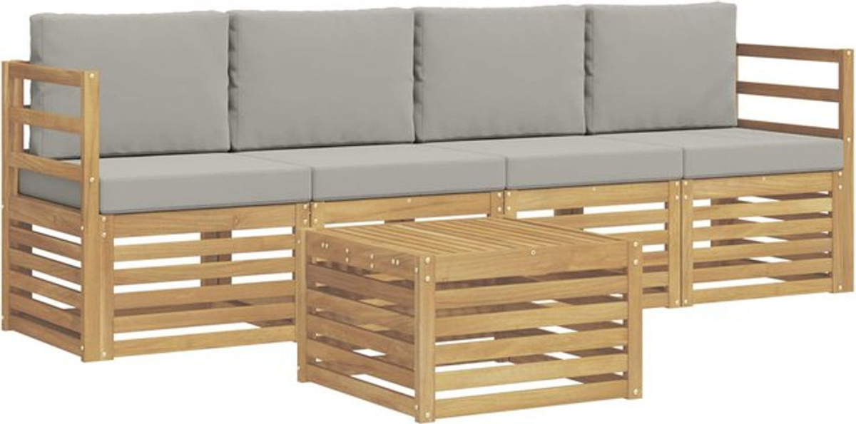 Modernes 5-teiliges Outdoor-Sofagarnitur Loungemöbel Set von vidaXL aus Akazie und Polyester in Weiß und Grau - Bild 1