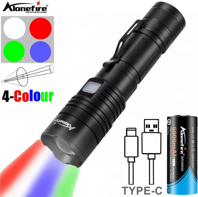 Alonefire LED-Taschenlampe mit Zoom-Funktion und 4 Farben Weiß/Rot/Grün/Blau, USB wiederaufladbar, Schwarz - Bild 1