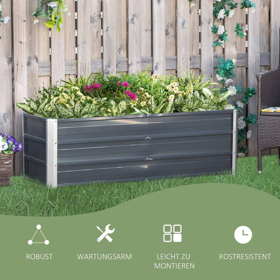Outsunny Hochbeet aus Stahl in Grau für Garten, Gemüse, Kräuter und Blumen, B/T/H: 125 x 47 x 40 cm - Bild 3